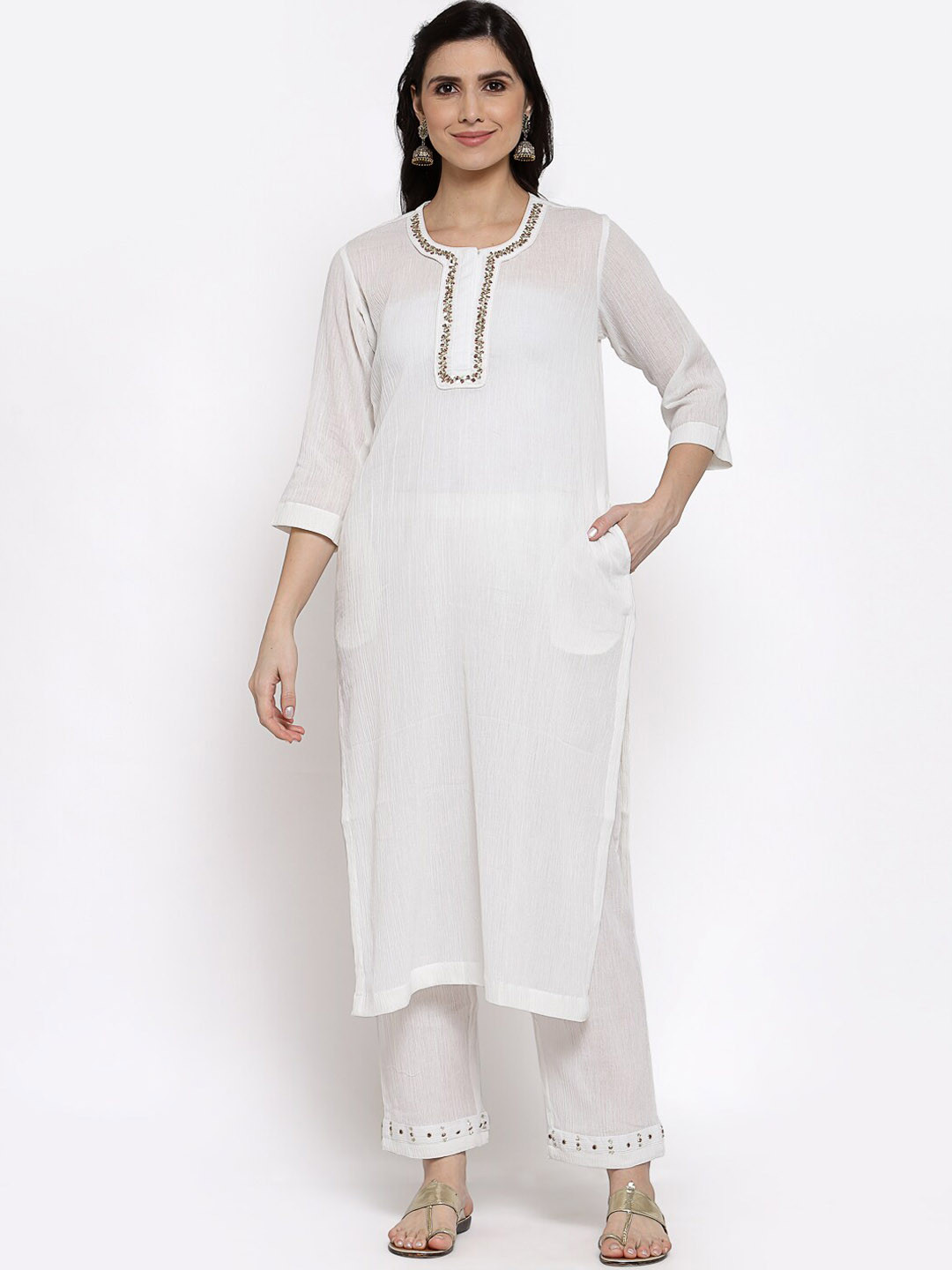 DART STUDIO Beads & Stones Semi Sheer Pure Cotton Straight Kurta with Palazzos