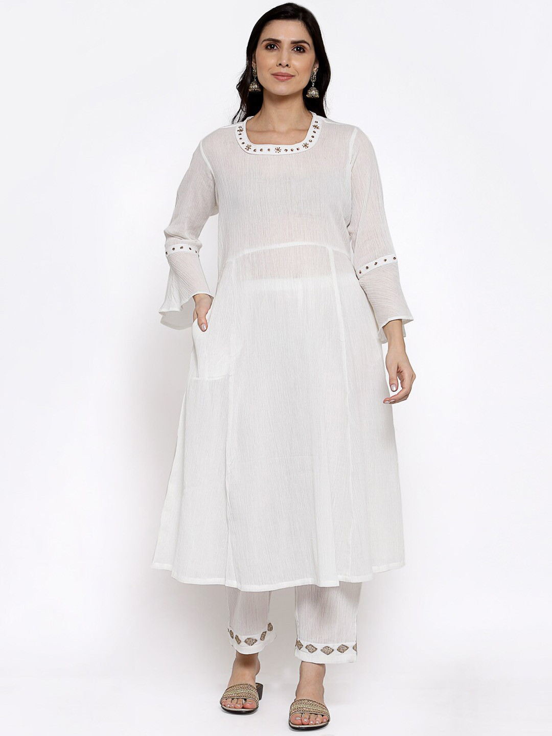 DART STUDIO Paneled Semi-Sheer Beads Work A-Line Pure Cotton Kurta with Trousers