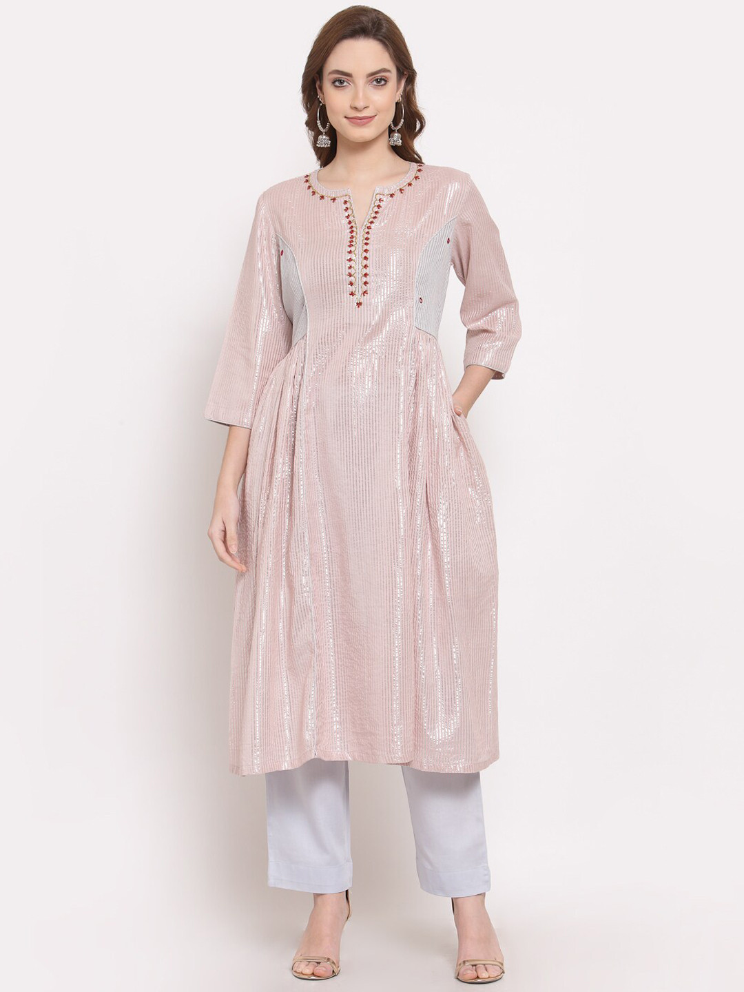 DART STUDIO Striped Beads and Stones Work A-Line Pure Cotton Kurta with Trousers
