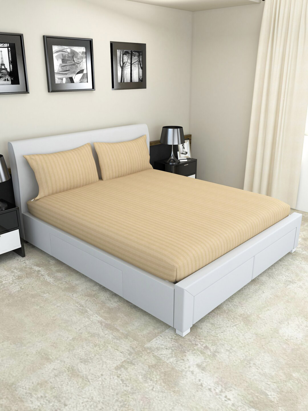 Nendle Beige Striped Cotton 300 TC Fitted Queen Fine Bedsheet with 2 Pillow Covers-198 x 152 cm