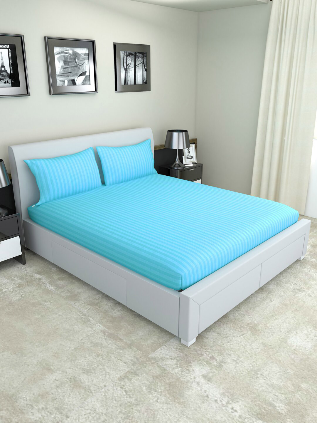 Nendle Sea Green Striped Cotton 300 TC Fitted Queen Fine Bedsheet with 2 Pillow Covers-198 x 152 cm