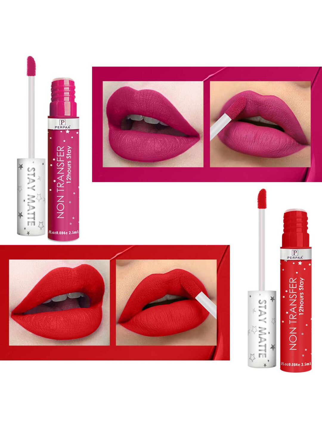 PERPAA Set Of 2 Stay Matte Non-Transfer 12hrs Liquid Lipsticks - Pink 101 & Pink Rose 115