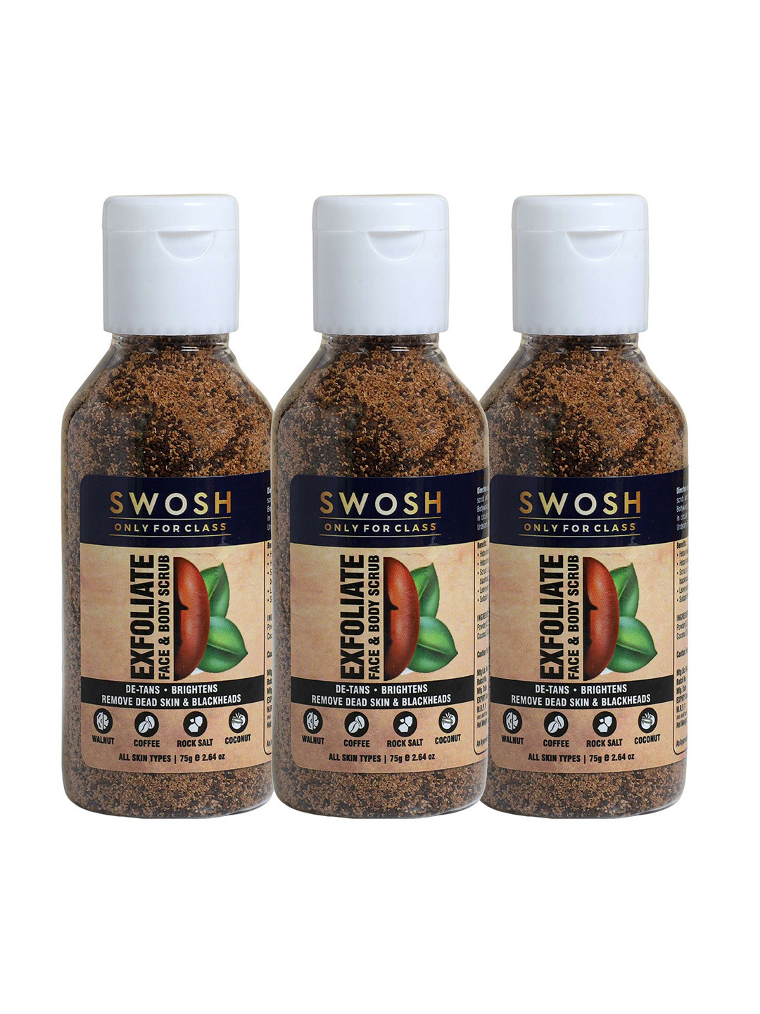 SWOSH Set of 3 Exfoliating Face & Body Scrub to Remove Dead Skin - 75 g Each