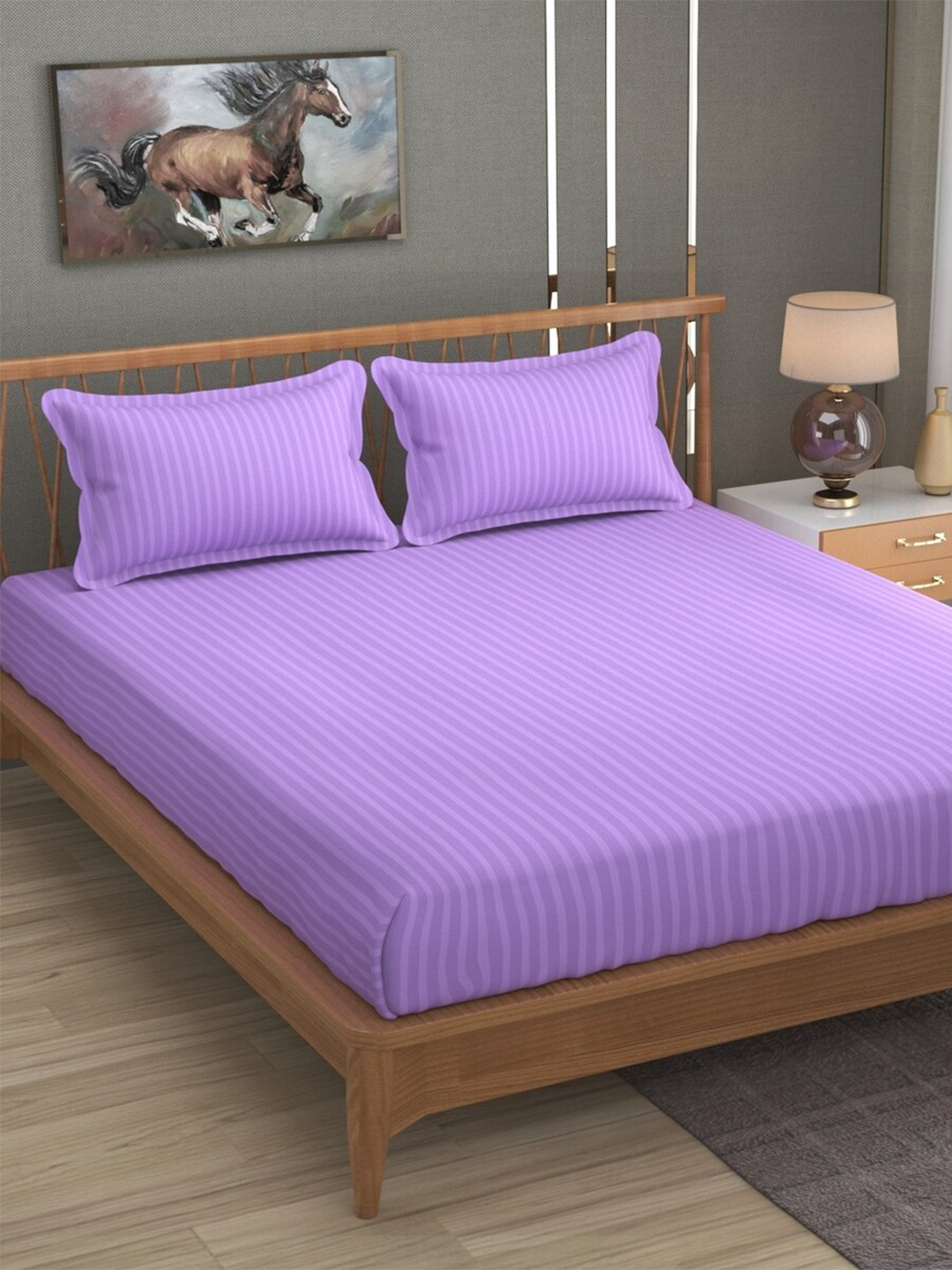 BELVOSTUM Lavender Striped Cotton 220 TC Queen Fine Bedsheet with 2 Pillow Covers