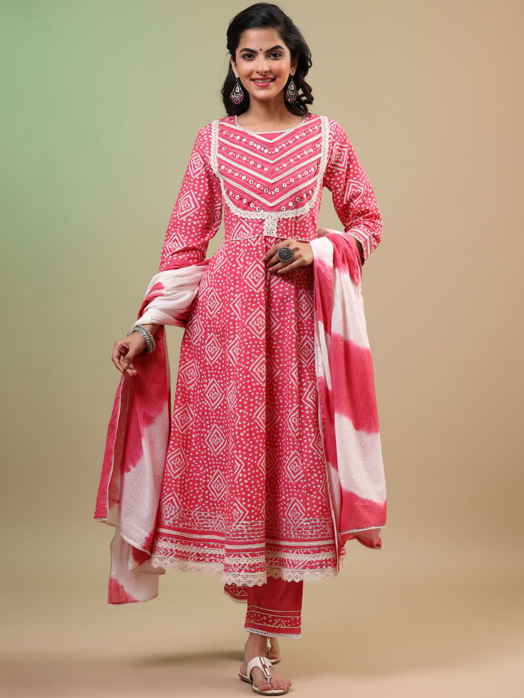 Zolo Label Ethnic Motifs Printed Mirror Work Pure Cotton Kurta with Palazzos & Dupatta