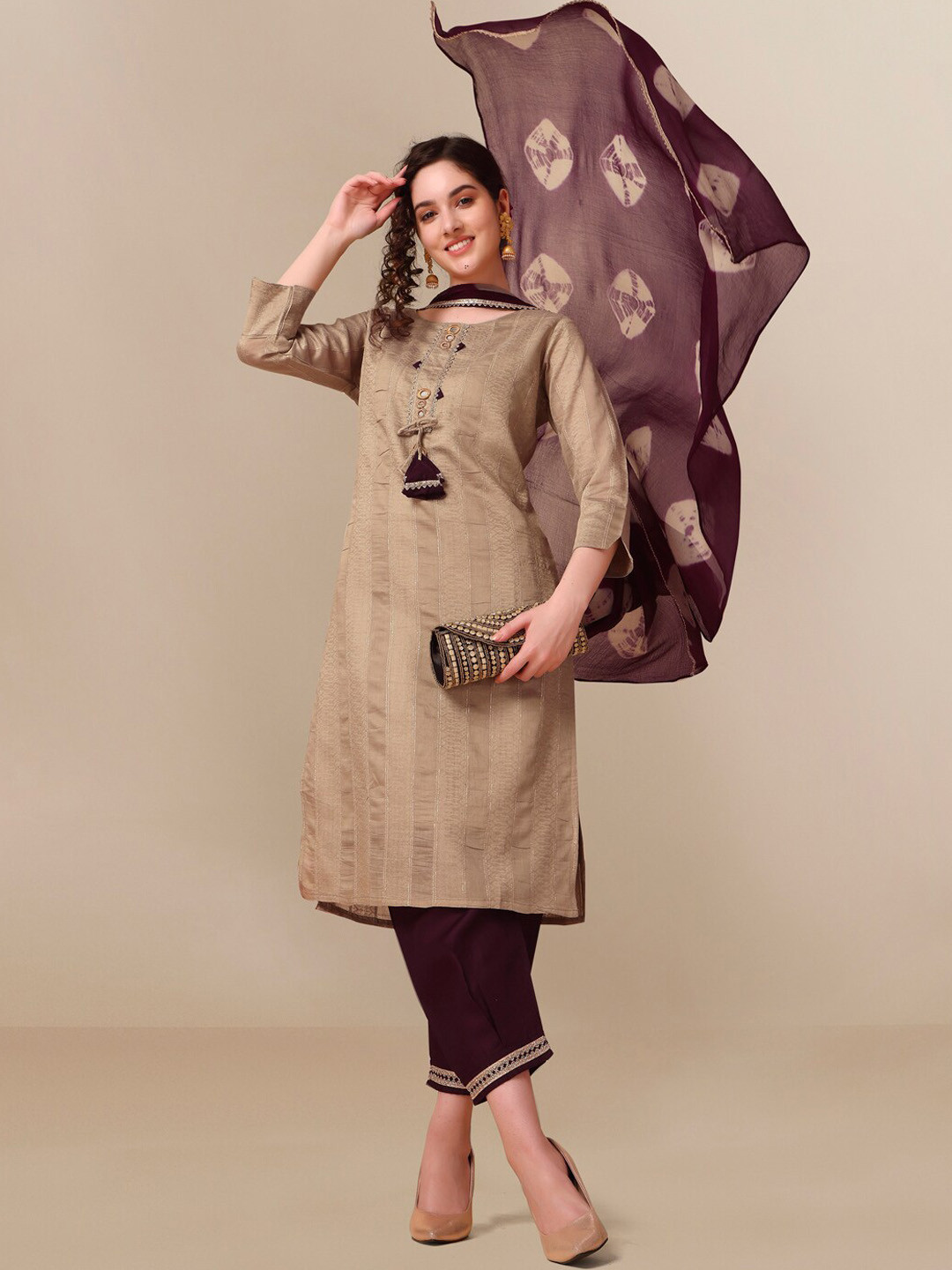 KALINI Woven Design Mirror Work Straight Kurta with Trousers Ombre Ombre Dupatta Set