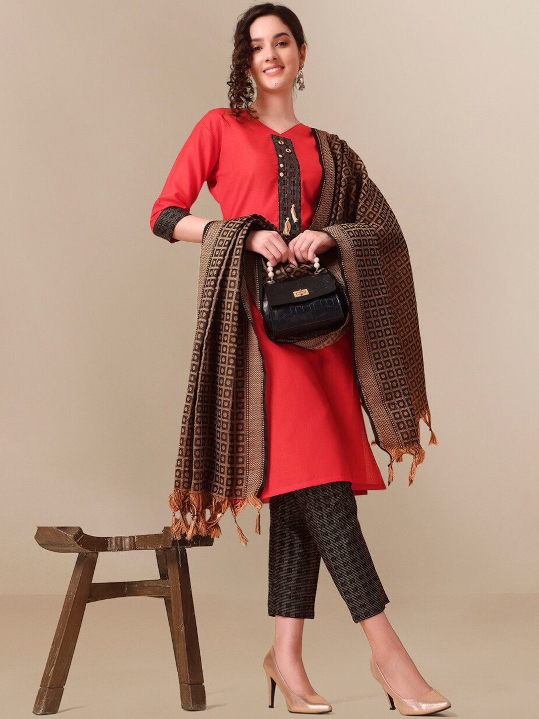 KALINI Thread Work Self Checked Desing Straight Kurta with Trousers with Dupatta