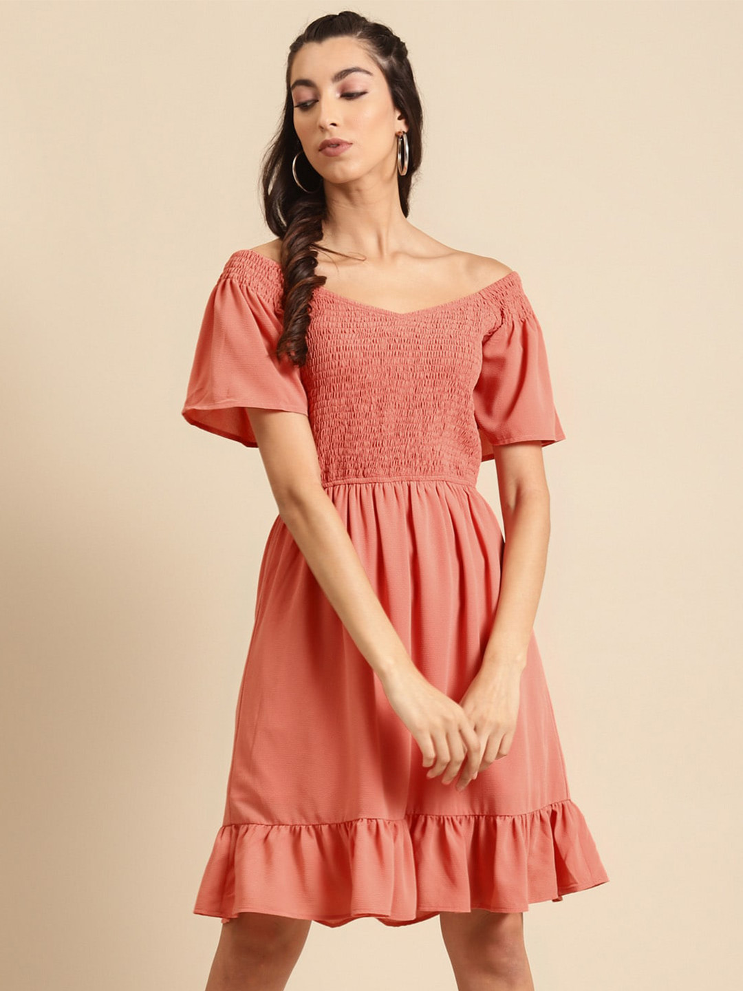 DODO & MOA V-Neck Smocked Satin Dress