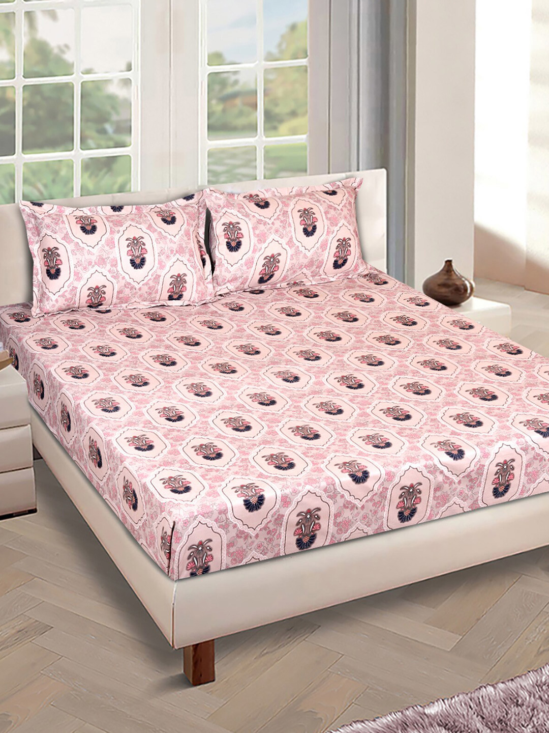 ROMEE Beige Floral Polycotton 186 TC King Fine Bedsheet with 2 Pillow Covers-106 x 106 inches