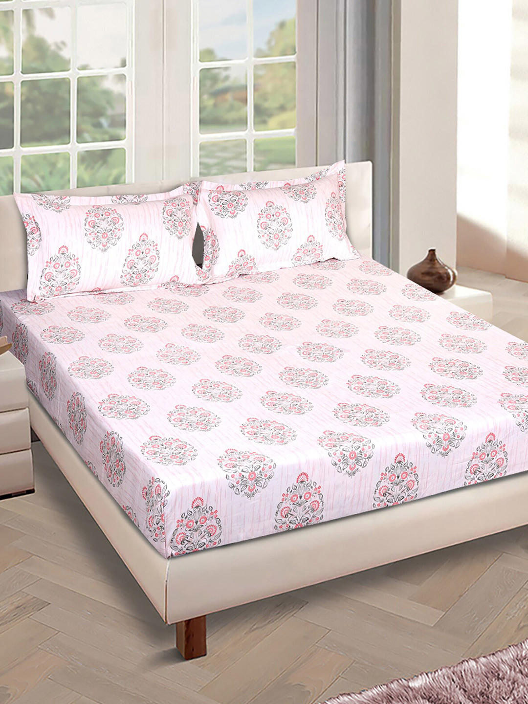 ROMEE Cream Floral Polycotton 186 TC King Fine Bedsheet with 2 Pillow Covers-106 x 106 inches