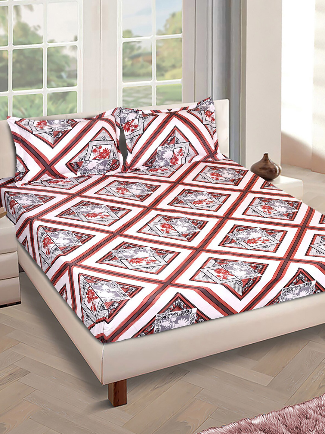 ROMEE Prisham White Geometric Polycotton 186 TC King Fine Bedsheet with 2 Pillow Covers-270 x 270 cm