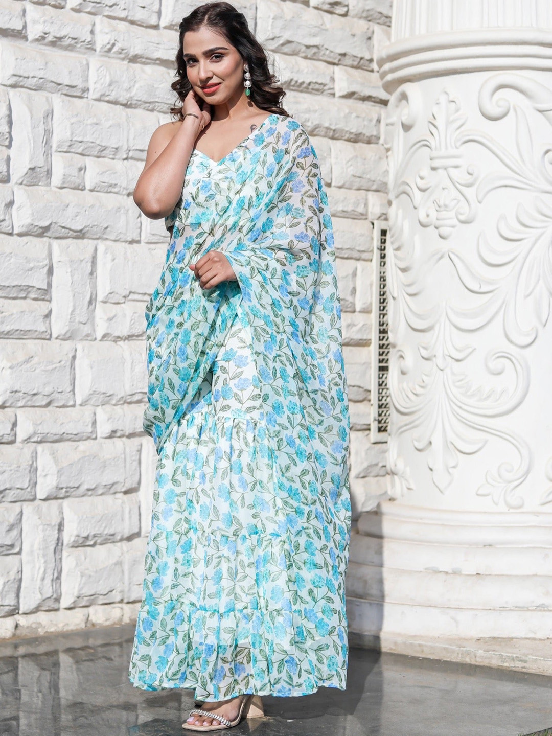 Thread & Button Floral Printed Ruffle Saree