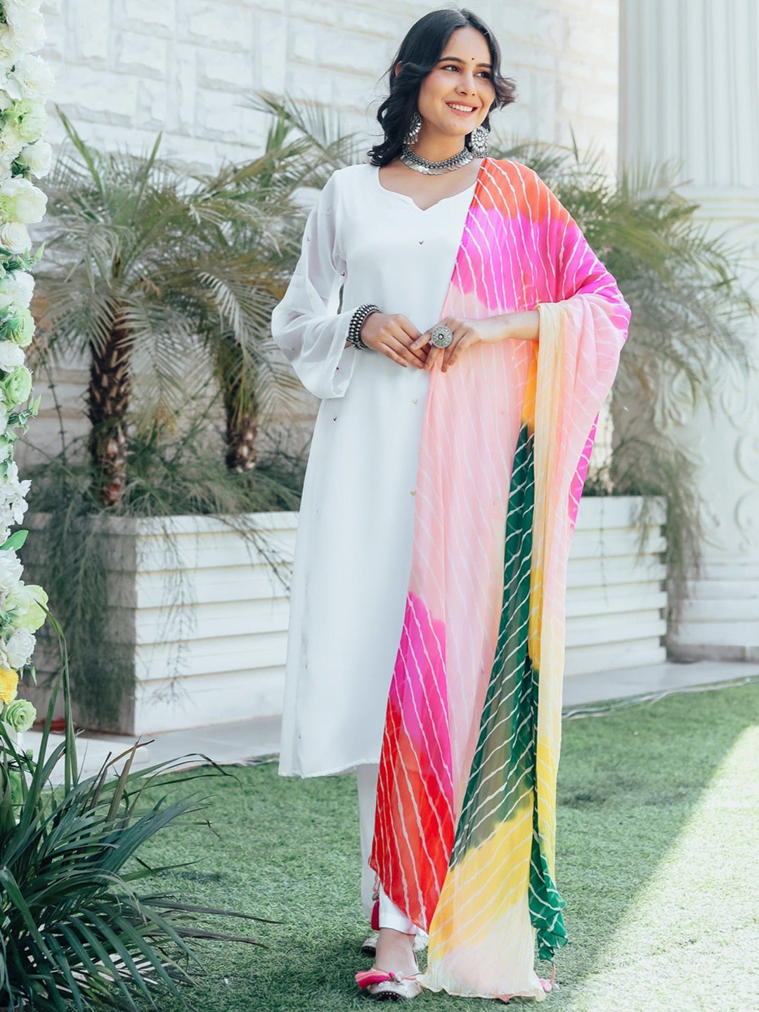 Thread & Button Notch Neck Straight Kurta with Palazzos & Dupatta