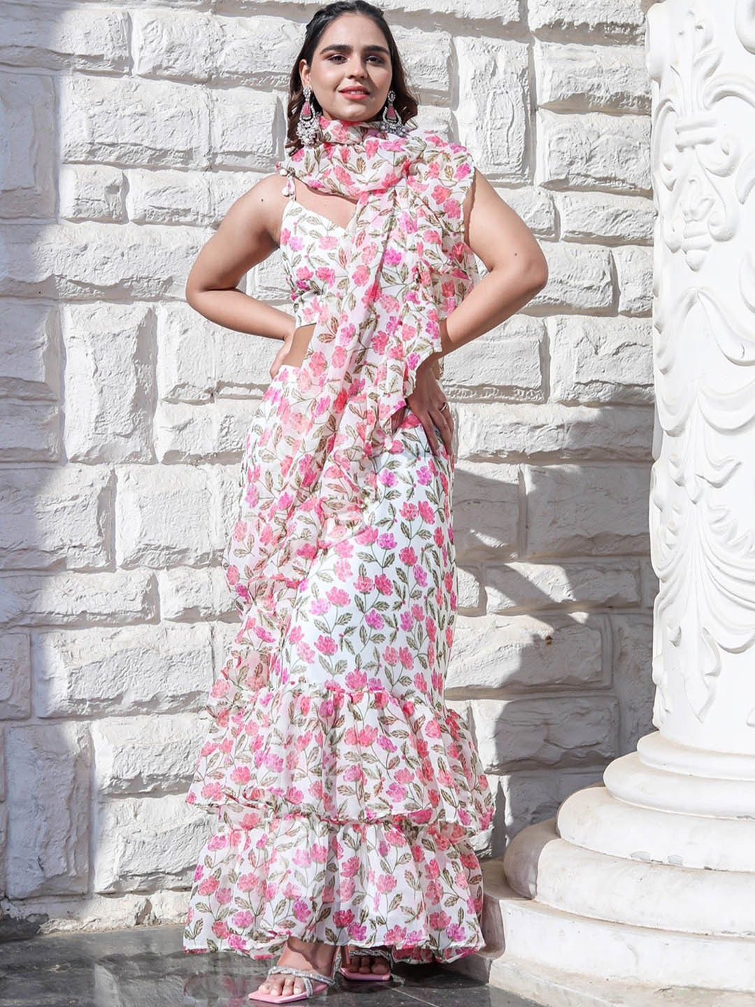 Thread & Button Floral Printed Ready To Wear Ruffled Saree