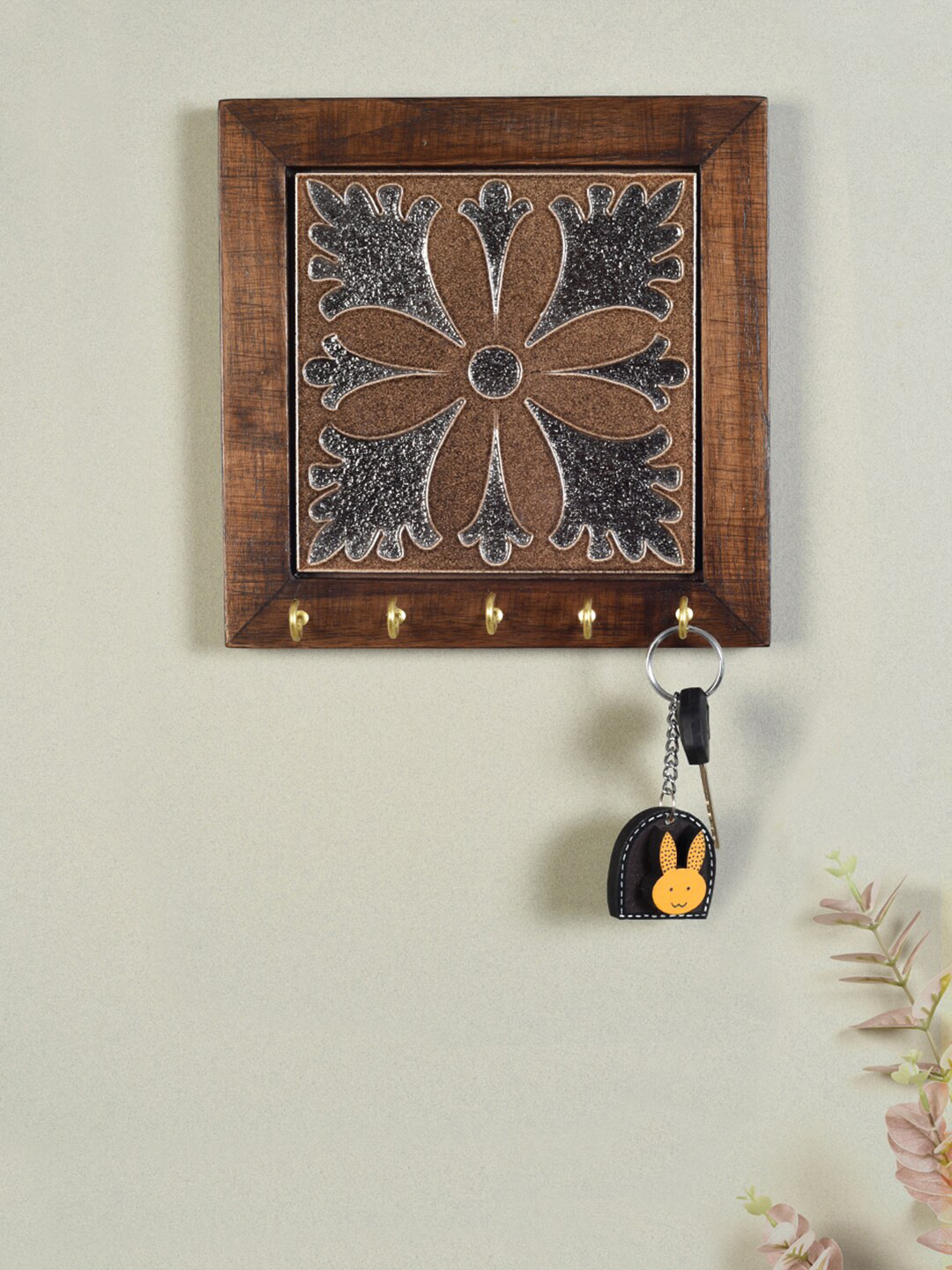 AAKRITI ART CREATIONS Brown Orchid Painted Square Key Holder