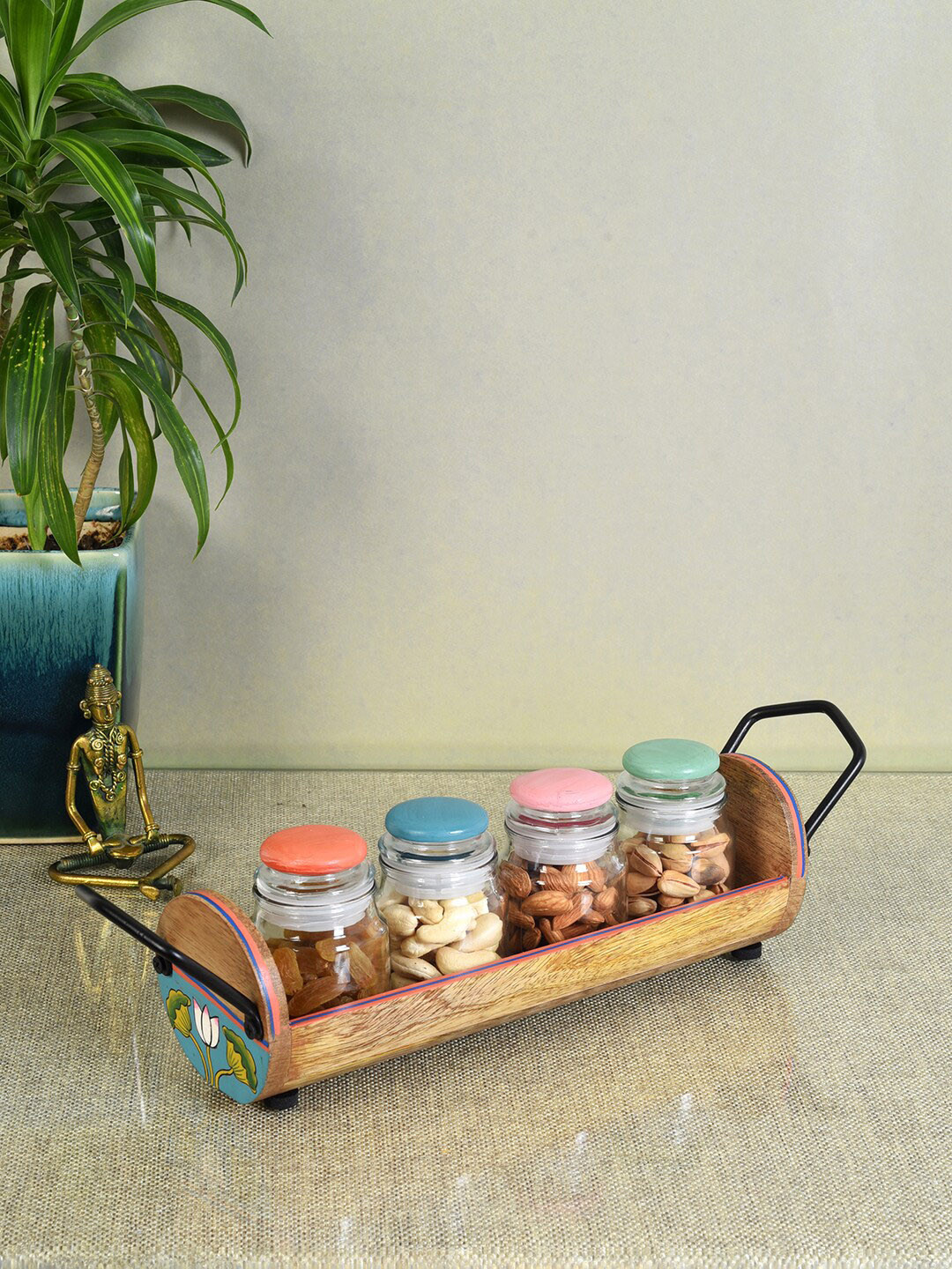 Aakriti Art Creations Pichhwai Leela Yankee S04 Brown Glass Air Tight 5 Piece Clip-On Jar