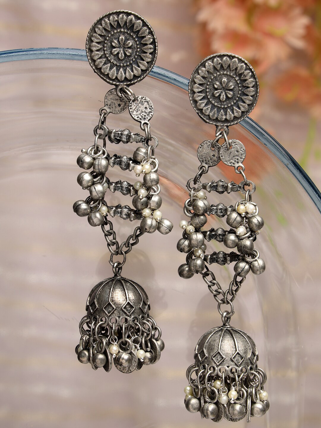 Moedbuille Silver-Plated Beaded Oxidised Dome Shaped Jhumkas Earrings