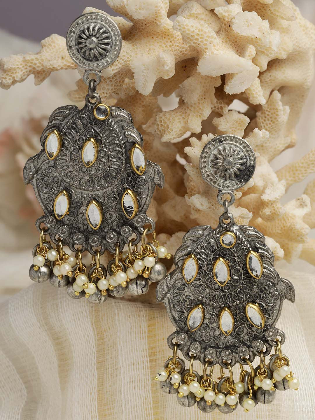 Moedbuille Silver-Plated Antique Design Oxidised Crescent Shaped Drop Earrings