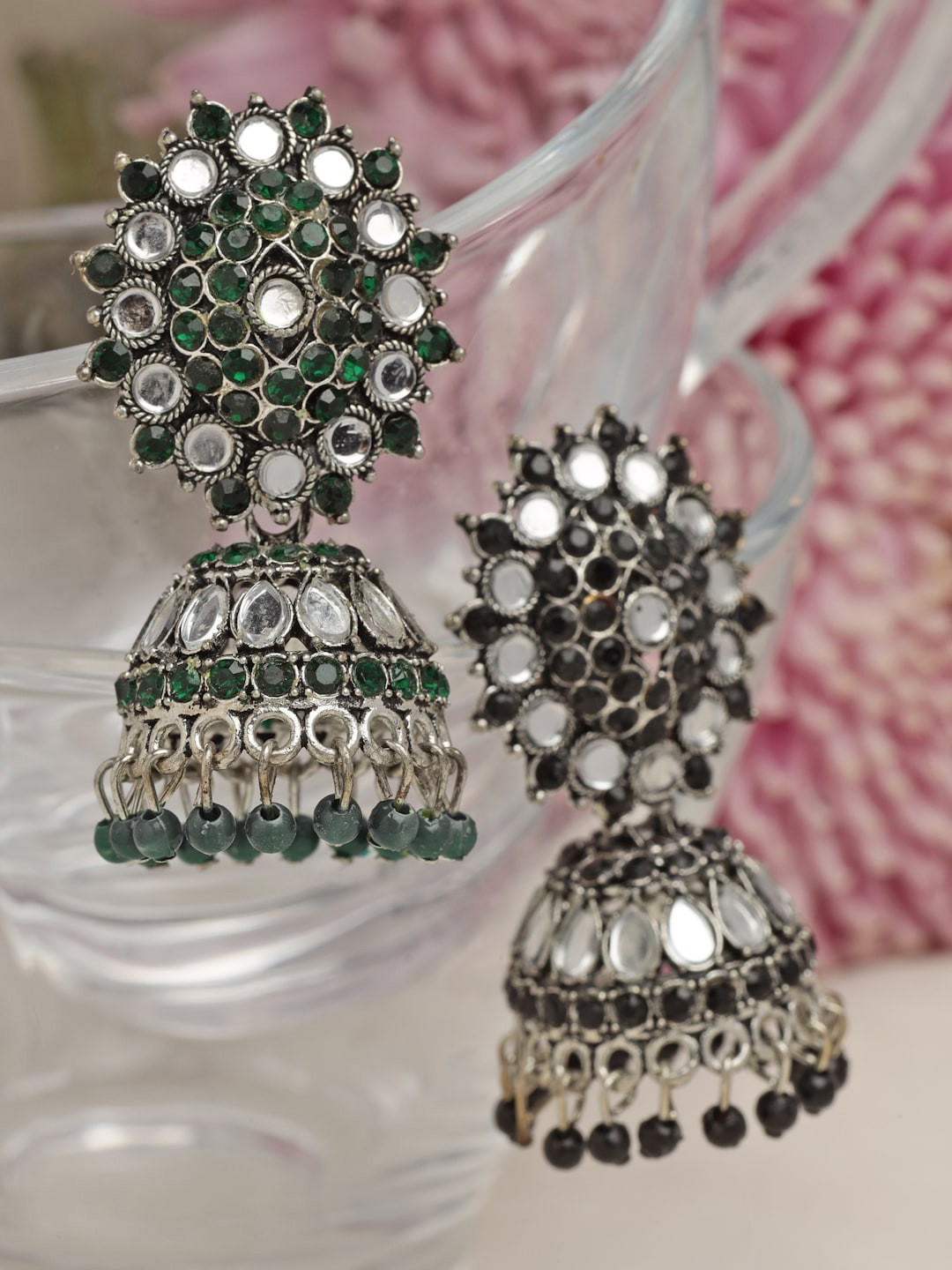 Moedbuille Silver-Plated Dome Shaped Mirrors & Crystals Studded Oxidised Jhumkas Earrings