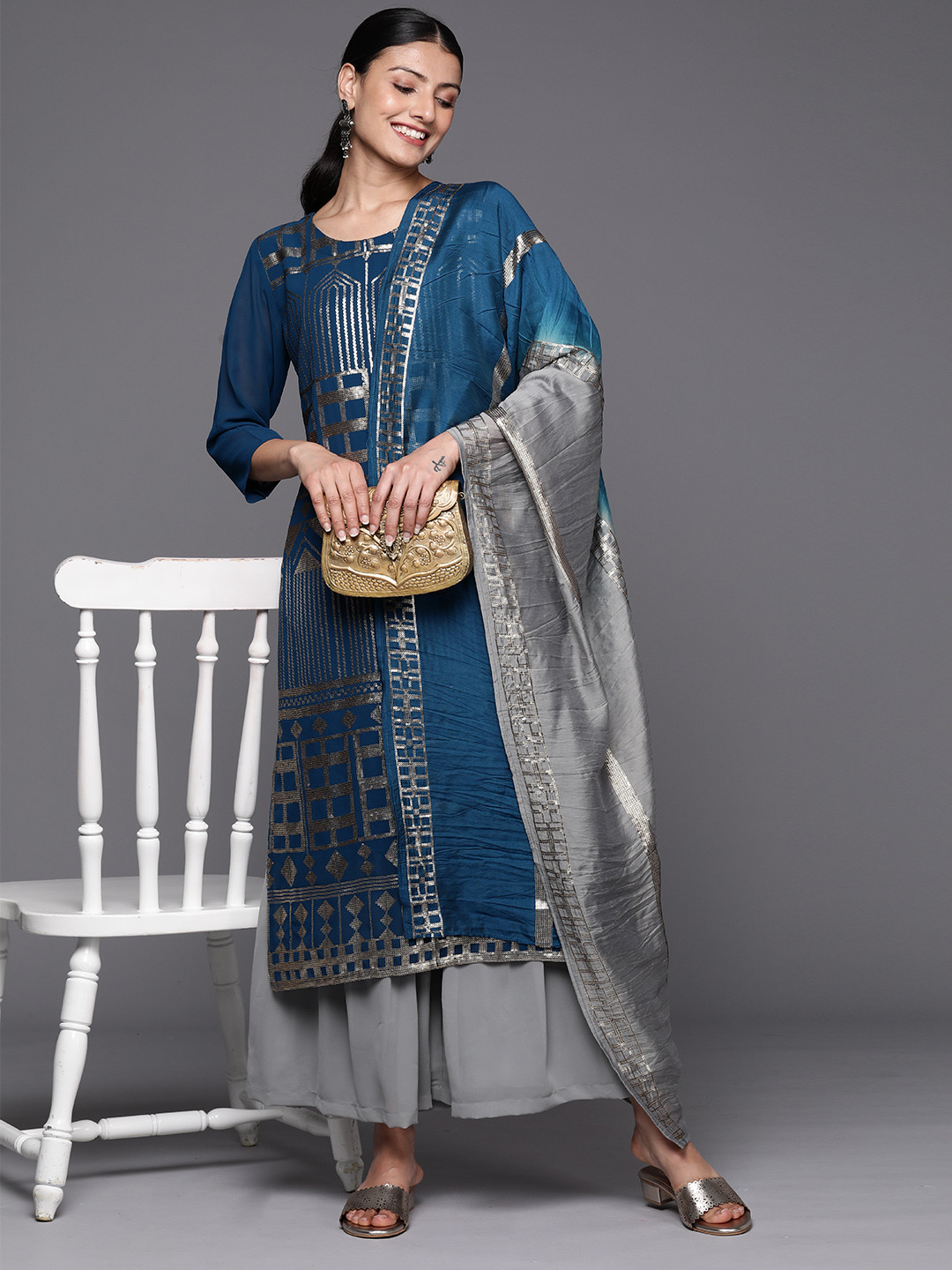 Varanga Women Grey Embroidered Sequinned Silk Georgette Kurta with Sharara & With Dupatta
