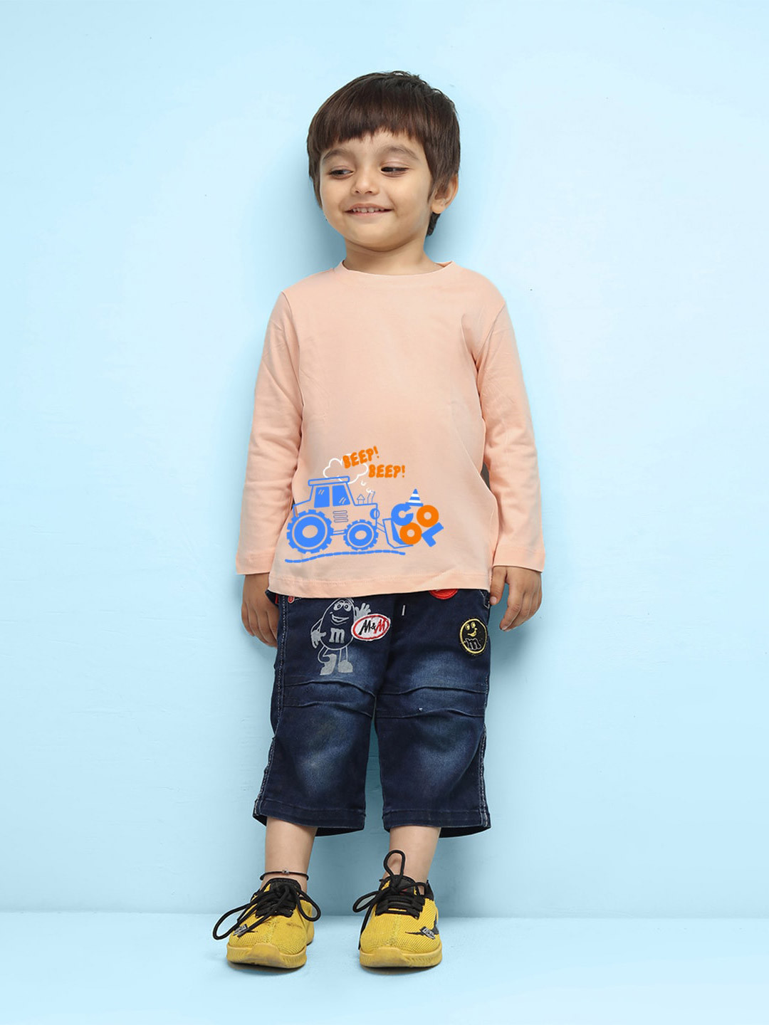 NUSYL Kids Peach-Coloured Printed V-Neck Extended Sleeves Pure Cotton Raw Edge Outdoor T-shirt