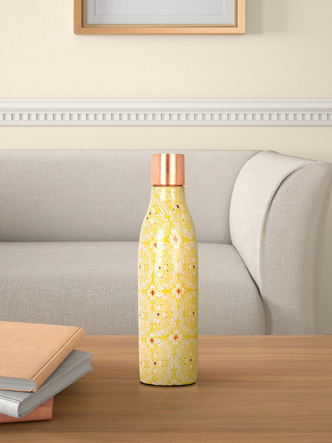 Living scapes by Pantaloons Yellow Floral Copper Single Wall Vacuum Water Bottle - 750ml