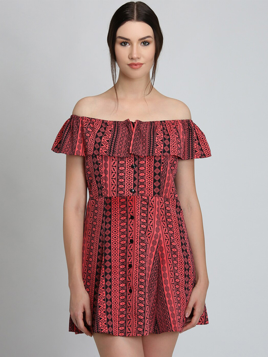 DODO & MOA Multicoloured Tribal Off-Shoulder Georgette Sheath Mini Dress