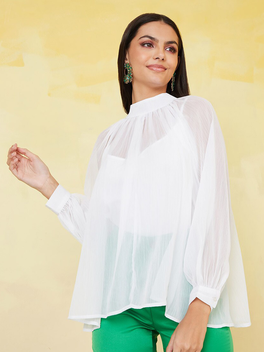 Styli White Puff Sleeves Bow Detail A-line Top