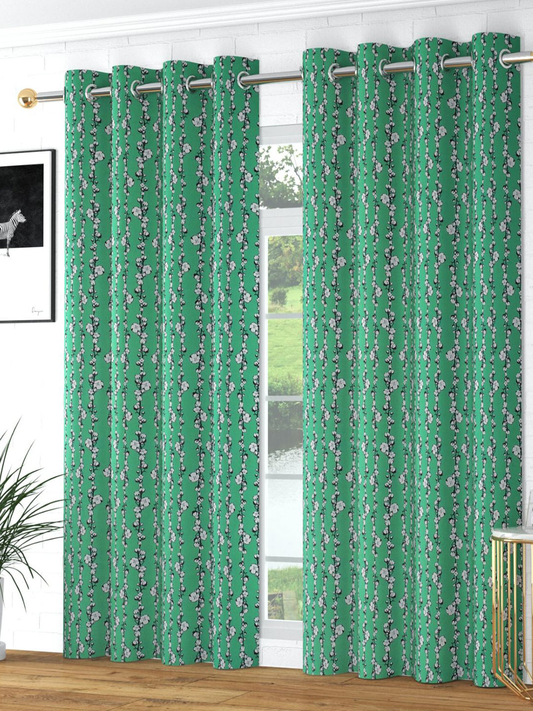 Bajo's Green & White 2 Pieces Floral Printed Long Door Curtains