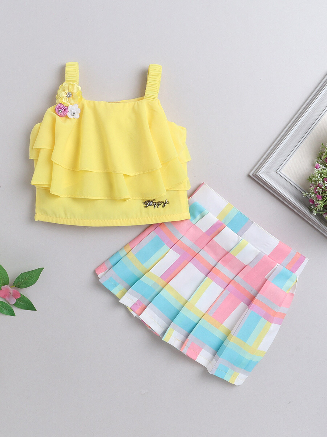 The Magic Wand Girls Layered Top with Skirt With Corsage