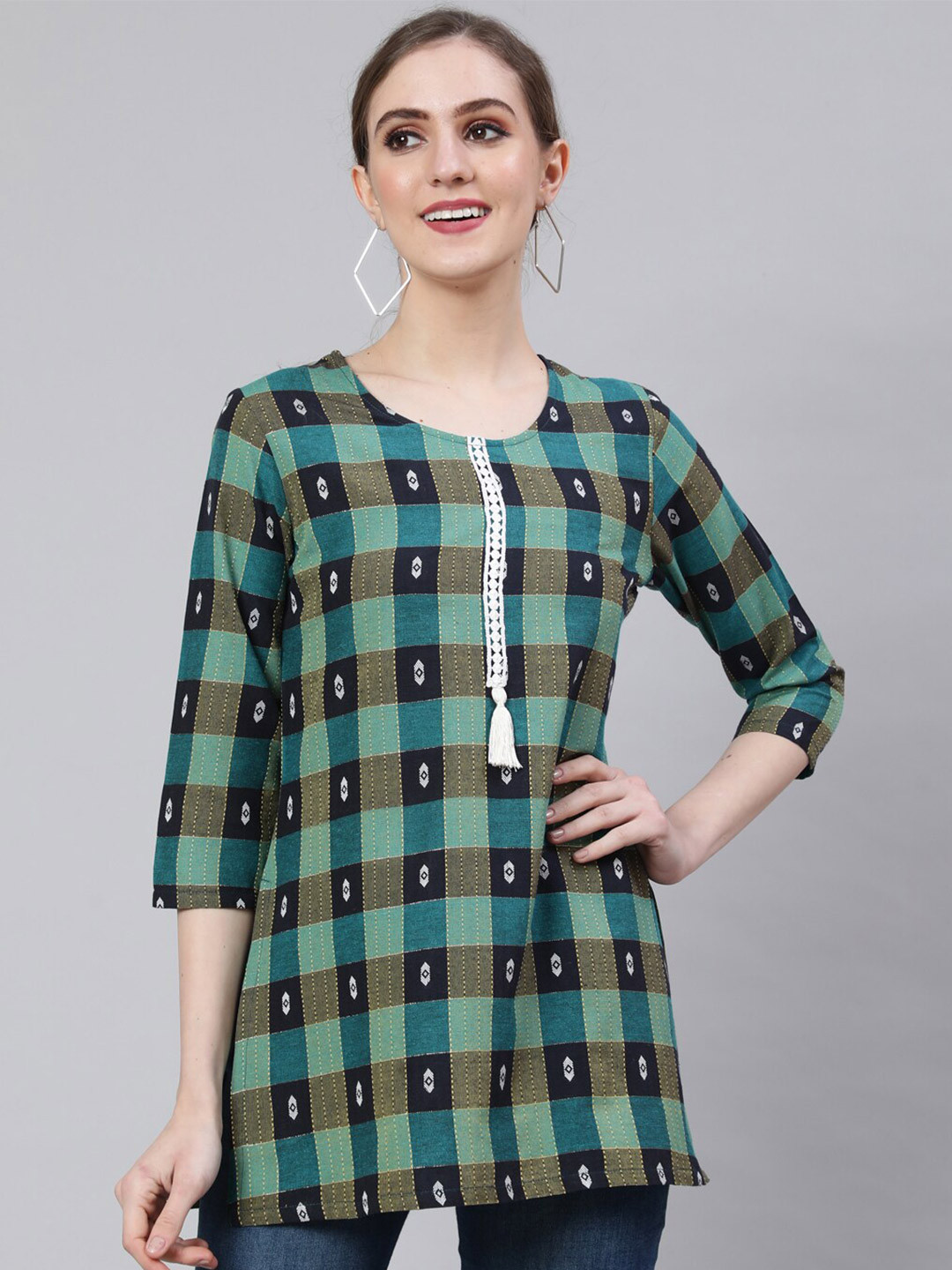 AKIMIA Checked Thread Work Straight Pure Cotton Kurti