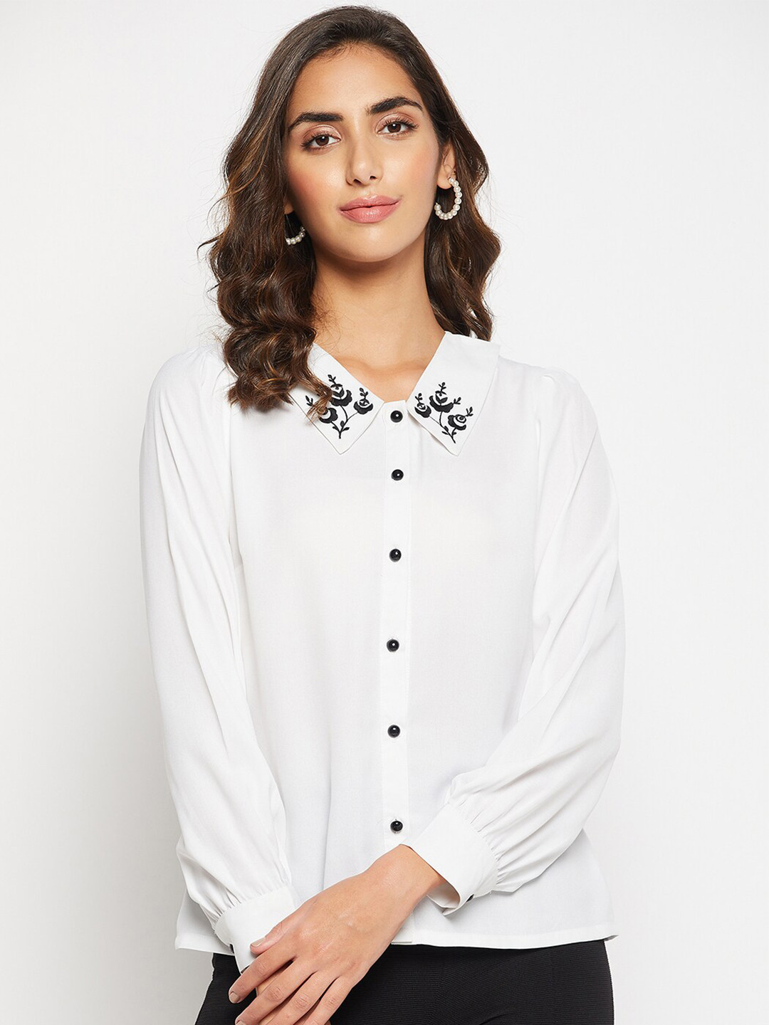 WineRed Embroidered Cuffed Sleeves Shirt Style Top