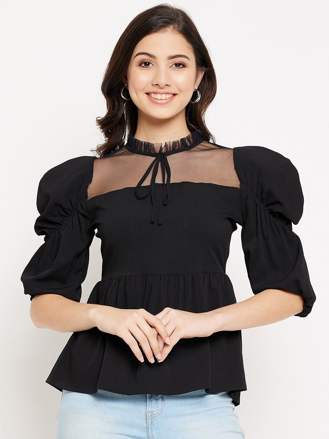WineRed Tie-Up Neck Puff Sleeves Smocked Peplum Top