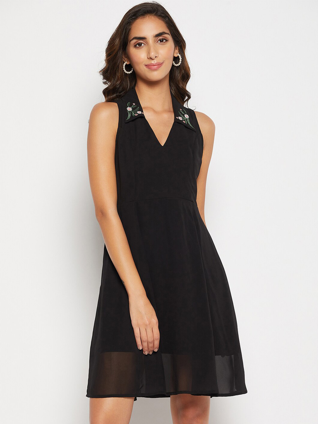 WineRed Embroidered Collar Neck Sleeveless Empire Dress