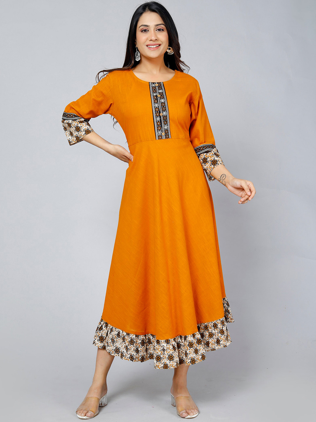 Jevi Prints Orange Floral Print Fit & Flare Midi Dress