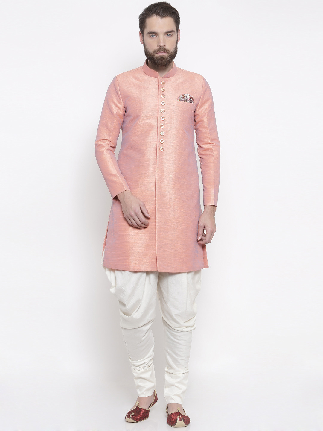 Buy Shahjada Peach Cream Coloured Patterned Nawabi Sherwani Sherwani For Men 2213476 Myntra Arabic bosky touch kameez shalwar suit by jhonum revives the glory of sindhi cultural day, giving that sain like feel and look. shahjada peach cream coloured patterned nawabi sherwani