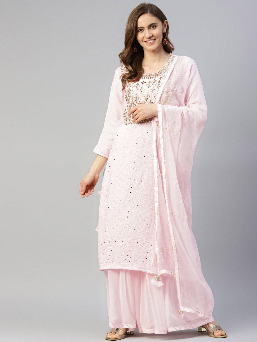 Divena Embroidered Zardozi Silk Georgette Kurta With Palazzos & With Dupatta
