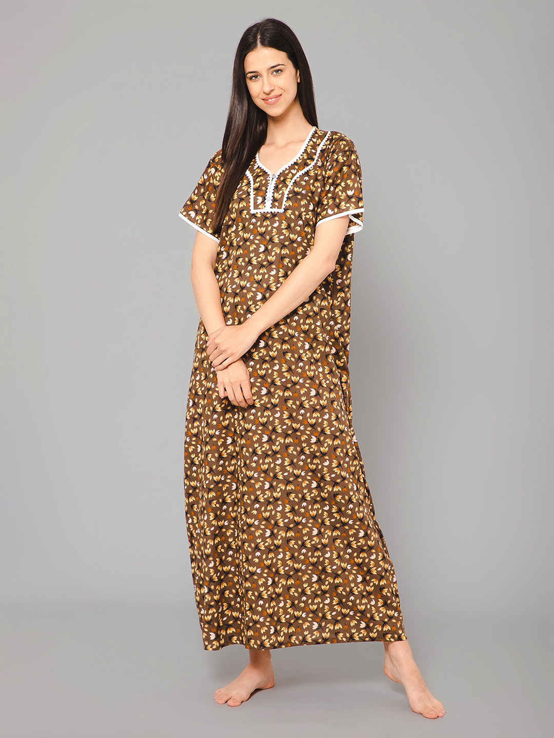 Winza Designer Floral Printed Pure Cotton Maxi Nightdress