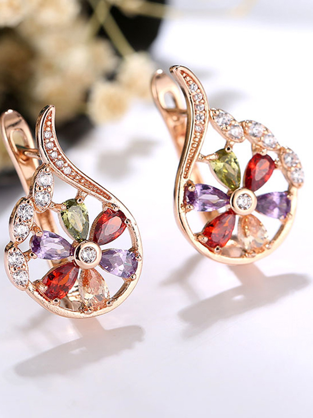 Peora Multicoloured Floral Hoop AAA Cubic Zircon 18K Earrings
