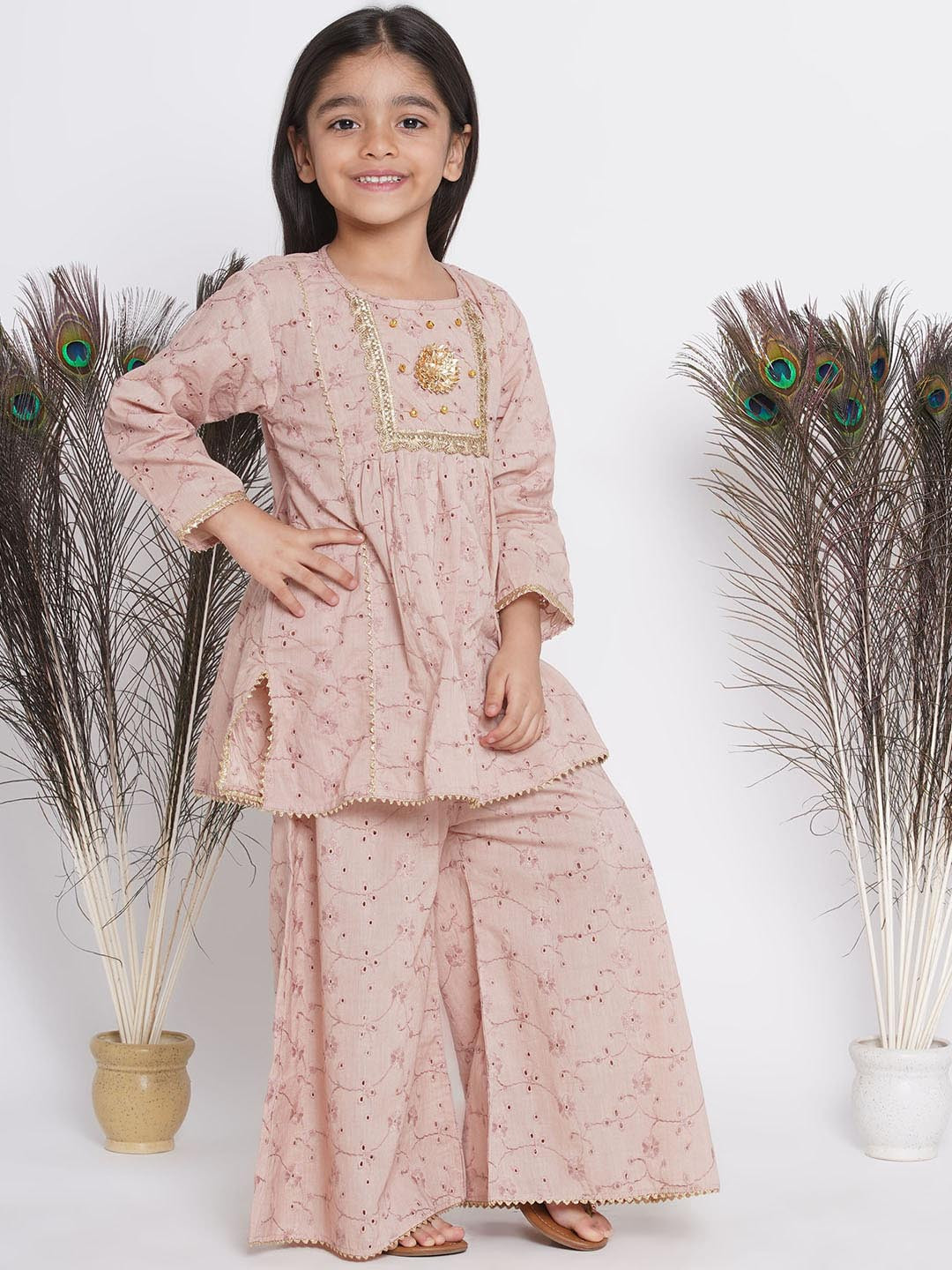 Little Bansi Girls Pink Floral Pleated Gotta Patti Pure Cotton Kurta with Palazzos & With Dupatta