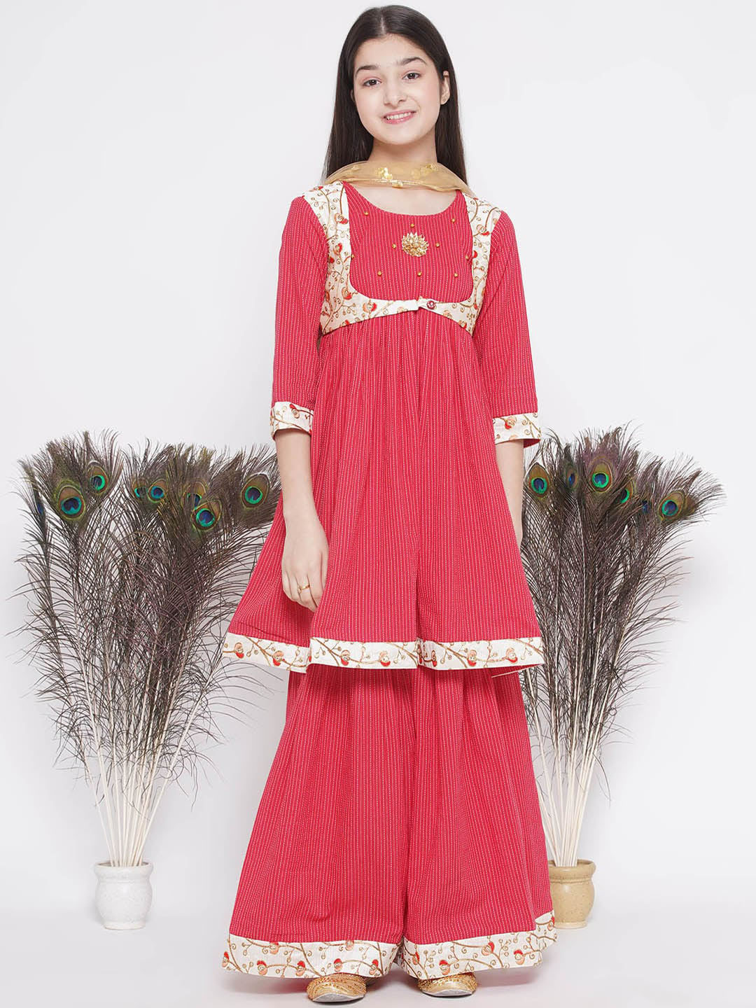 Little Bansi Girls Red Floral Embroidered Regular Pure Cotton Kurta with Sharara & With Dupatta