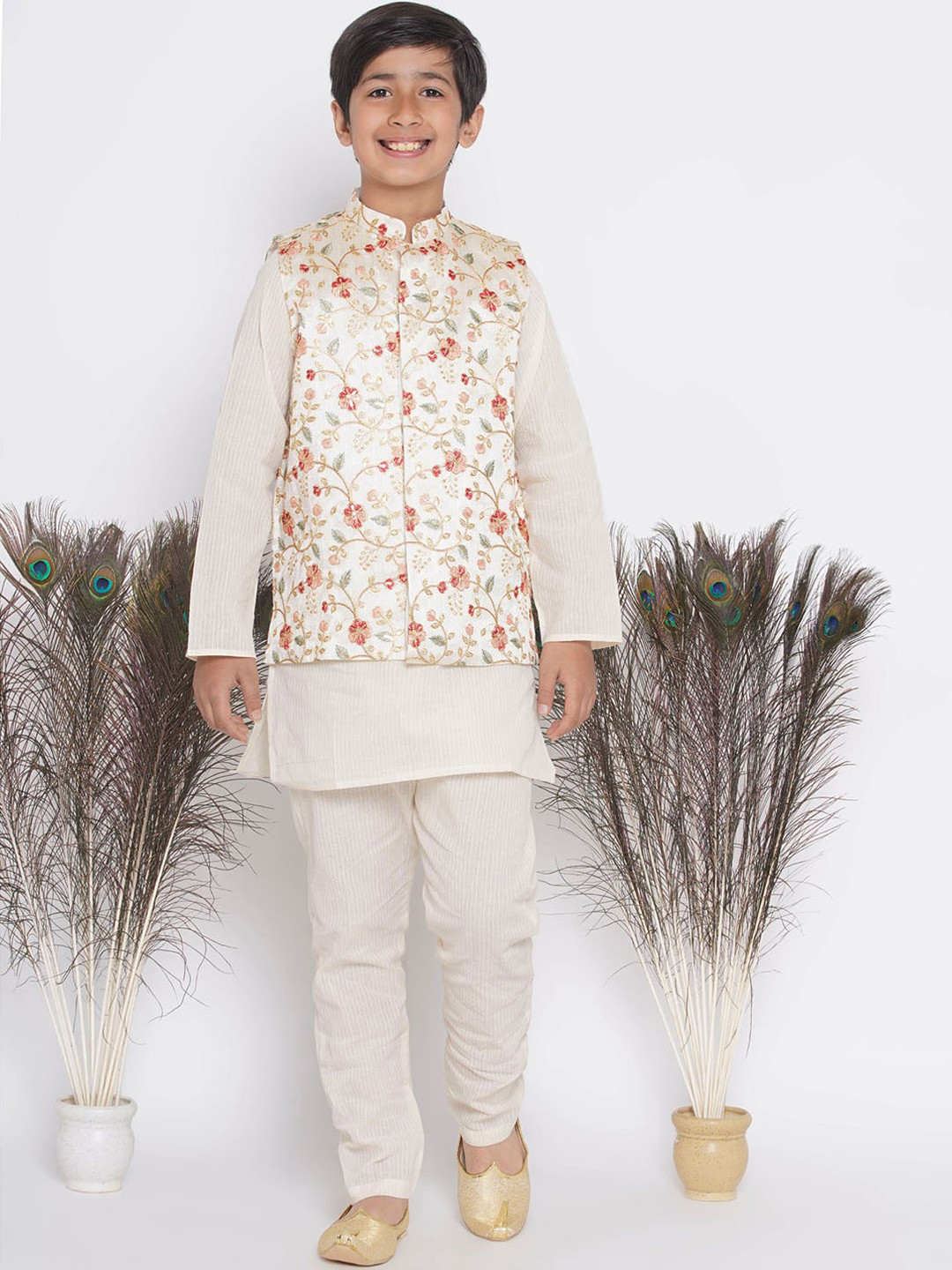 Little Bansi Boys Striped Kantha Work Pure Cotton Kurta with Pyjamas & Jacket