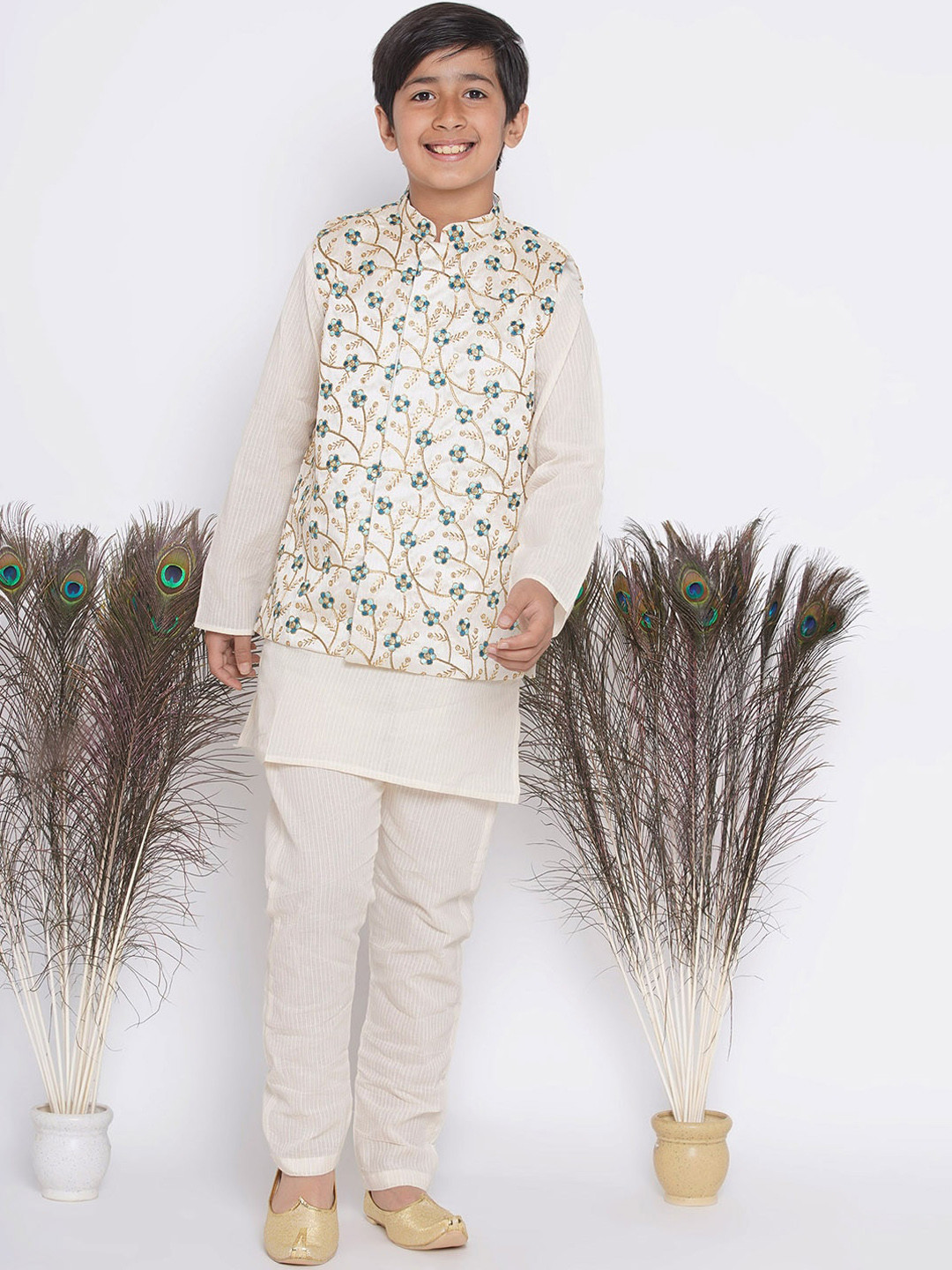 Little Bansi Boys Striped Kantha Work Pure Cotton Kurta with Pyjamas & Jacket