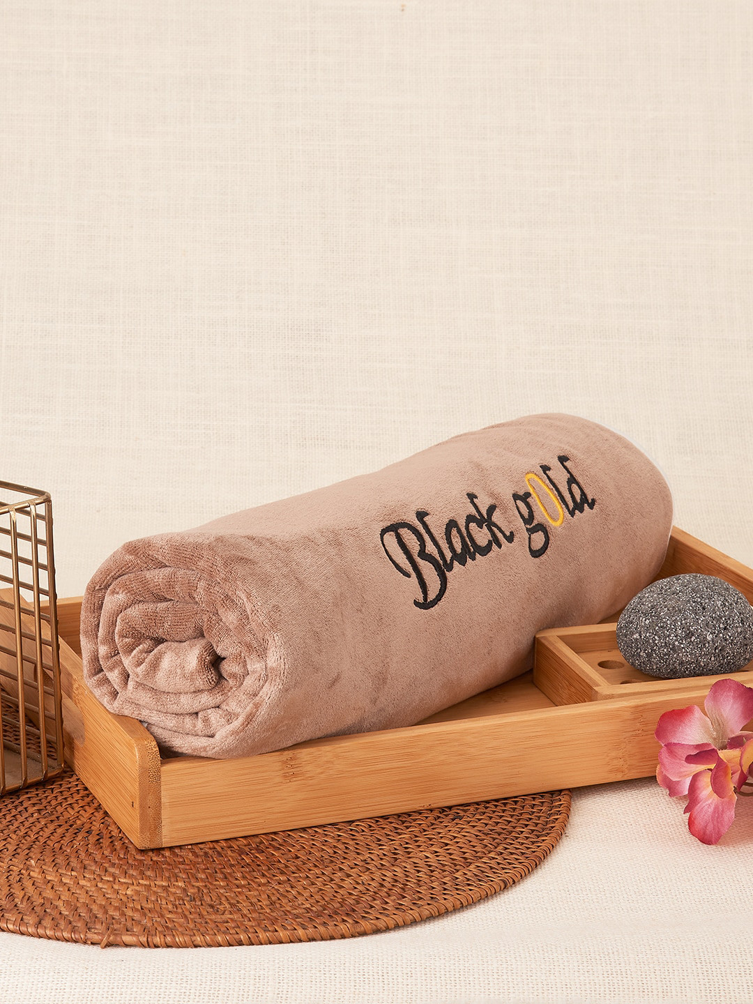 Black gold 3 Pcs Brown & Black Brand Name Printed Detail 400 GSM Microfibre Premium Quick Dry Bath Towels