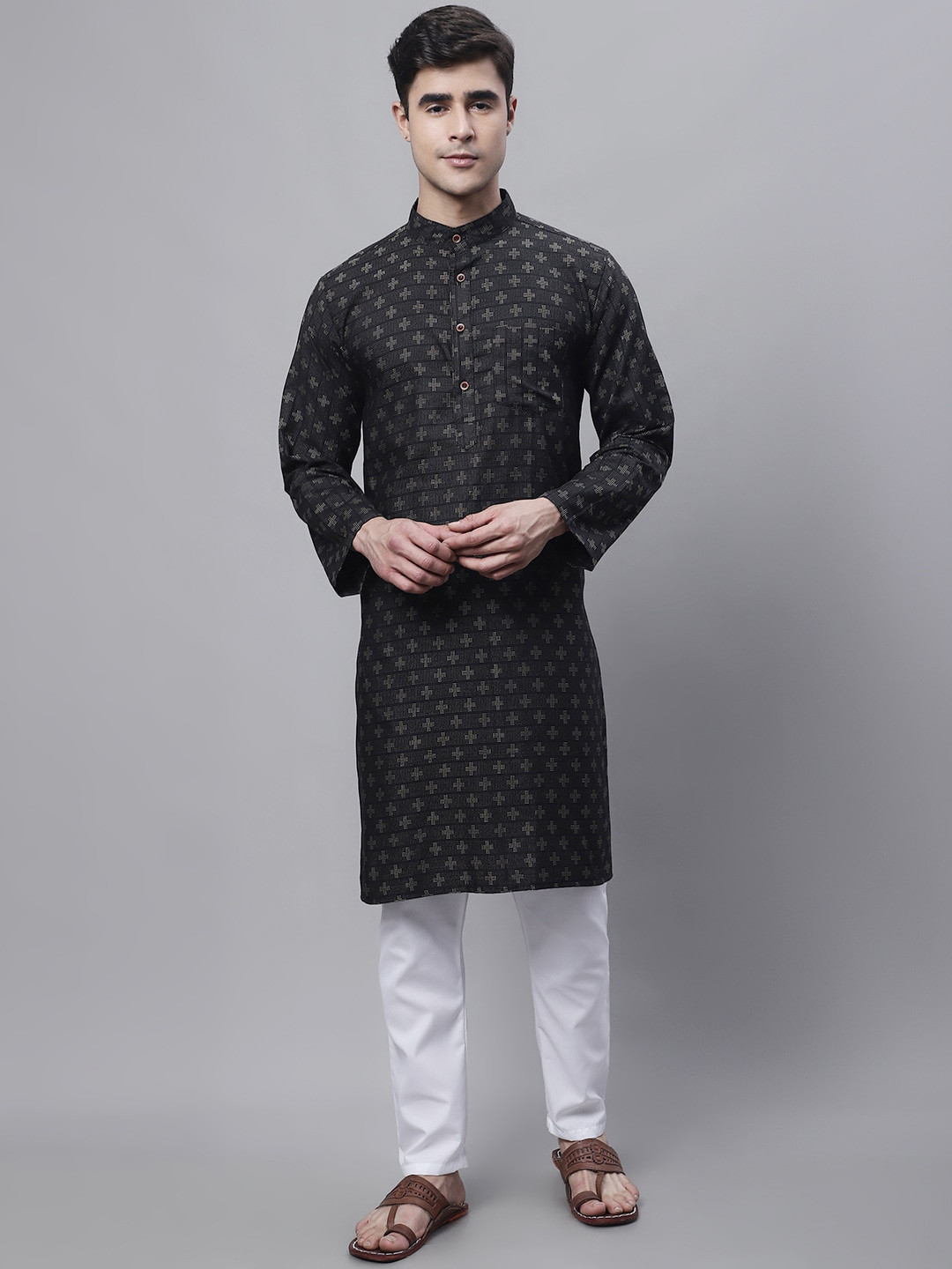 Enchanted Drapes Woven Design Mandarin Collar Pure Cotton Kurta