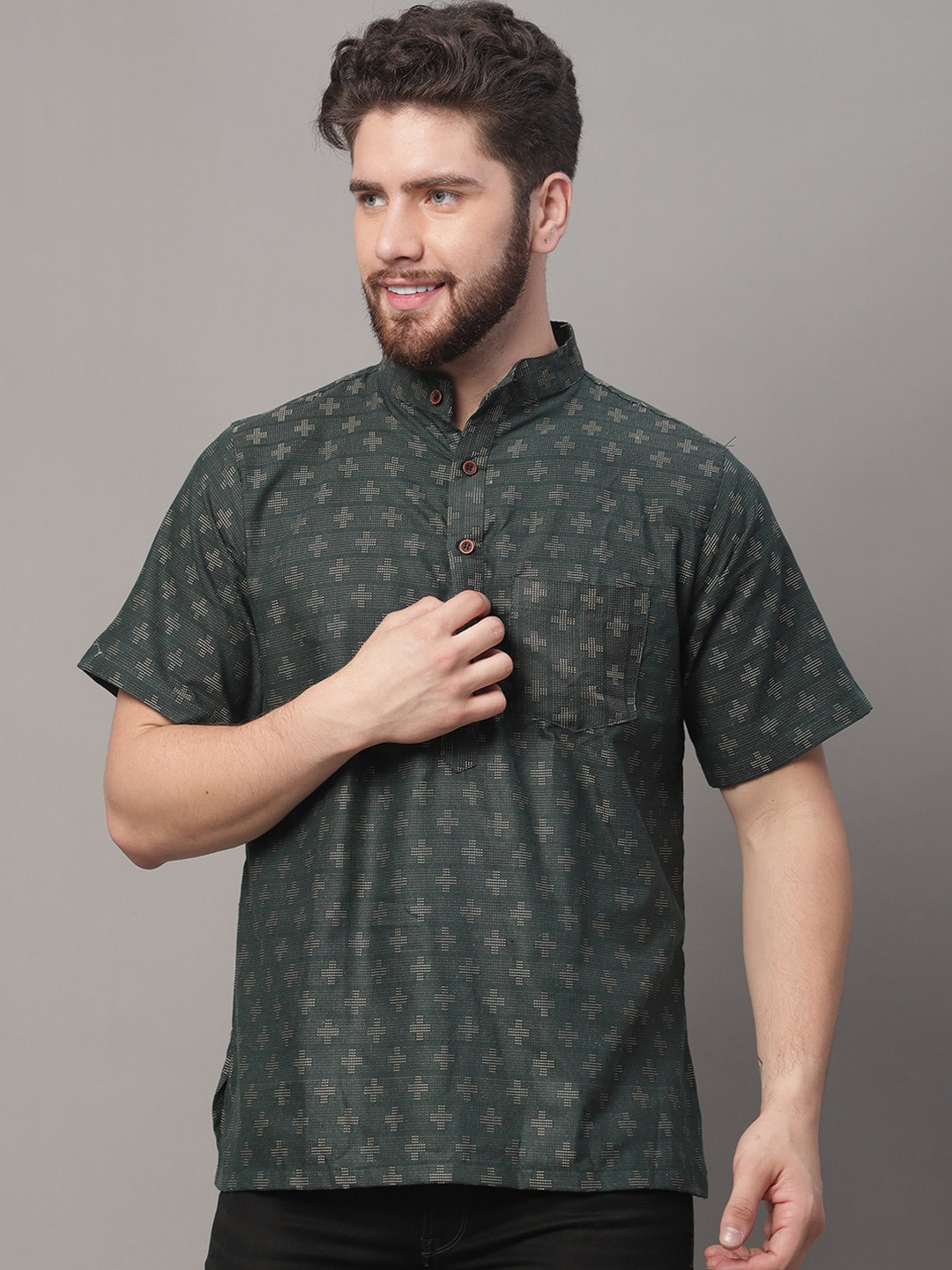Enchanted Drapes Woven Design Mandarin Collar Pure Cotton Kurta