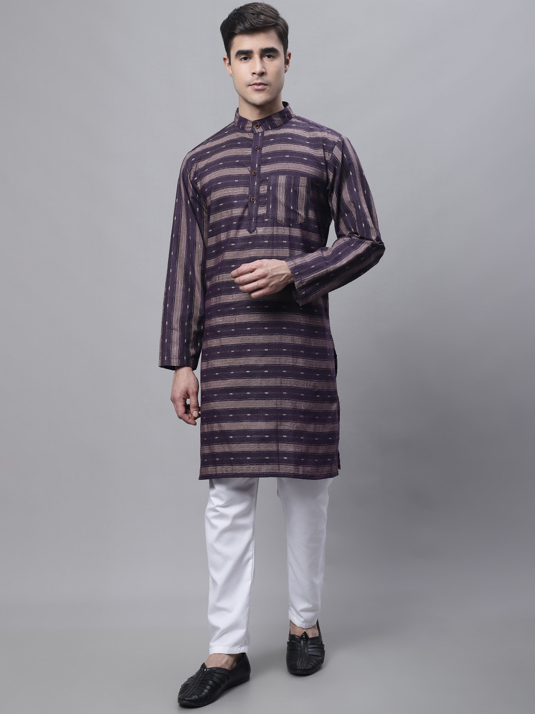 Enchanted Drapes Striped Mandarin Collar Pure Cotton Kurta