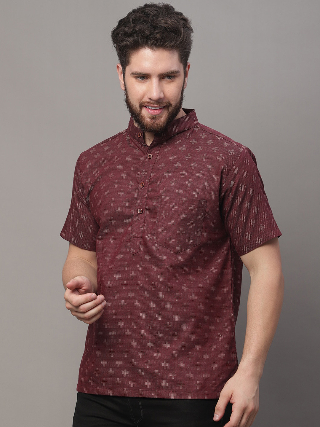 Enchanted Drapes Woven Design Mandarin Collar Pure Cotton Kurta