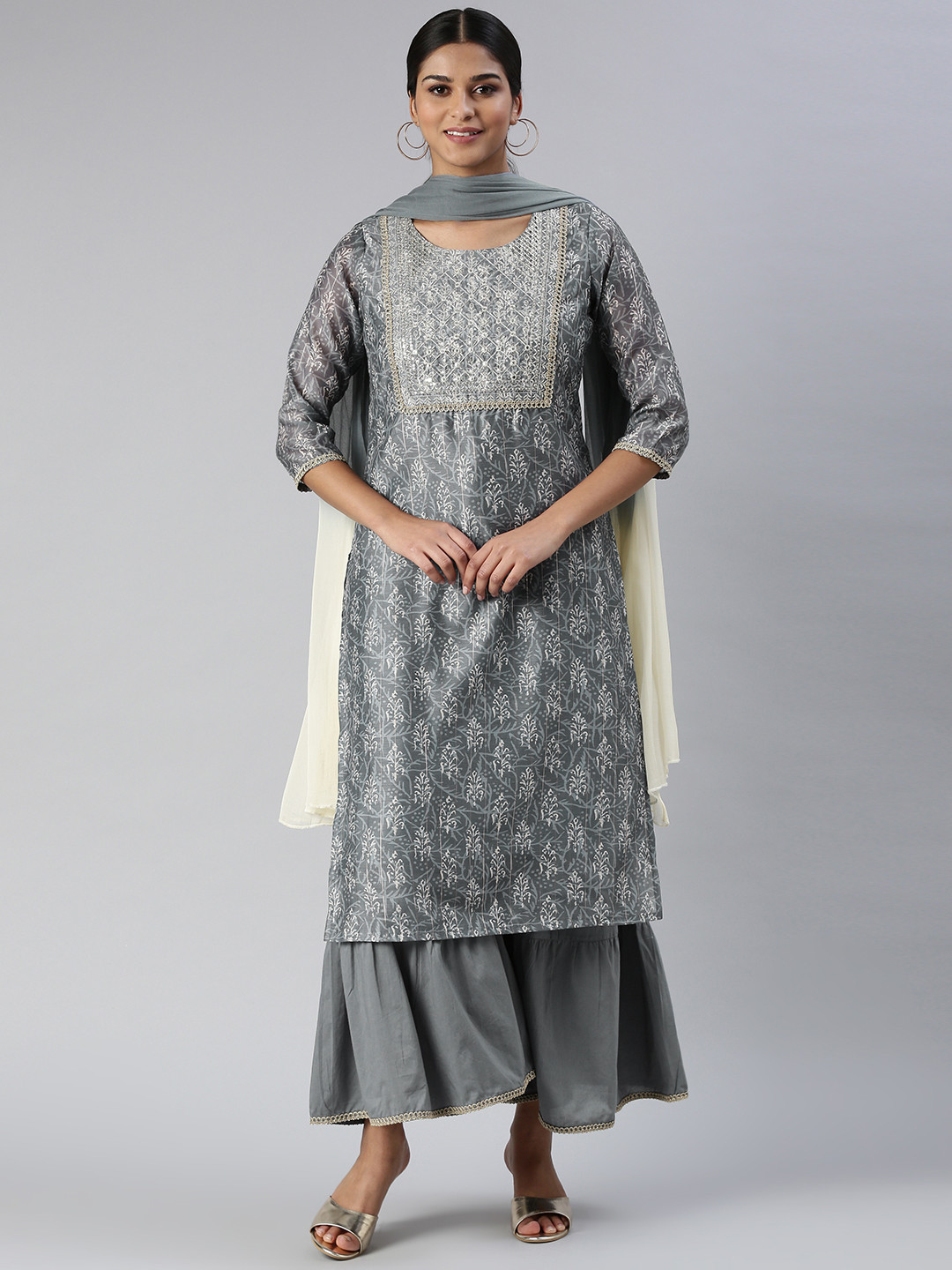 JAIPUR PRIME Ethnic Motifs Yoke Design Sequinned Kurta With Sharara & Dupatta