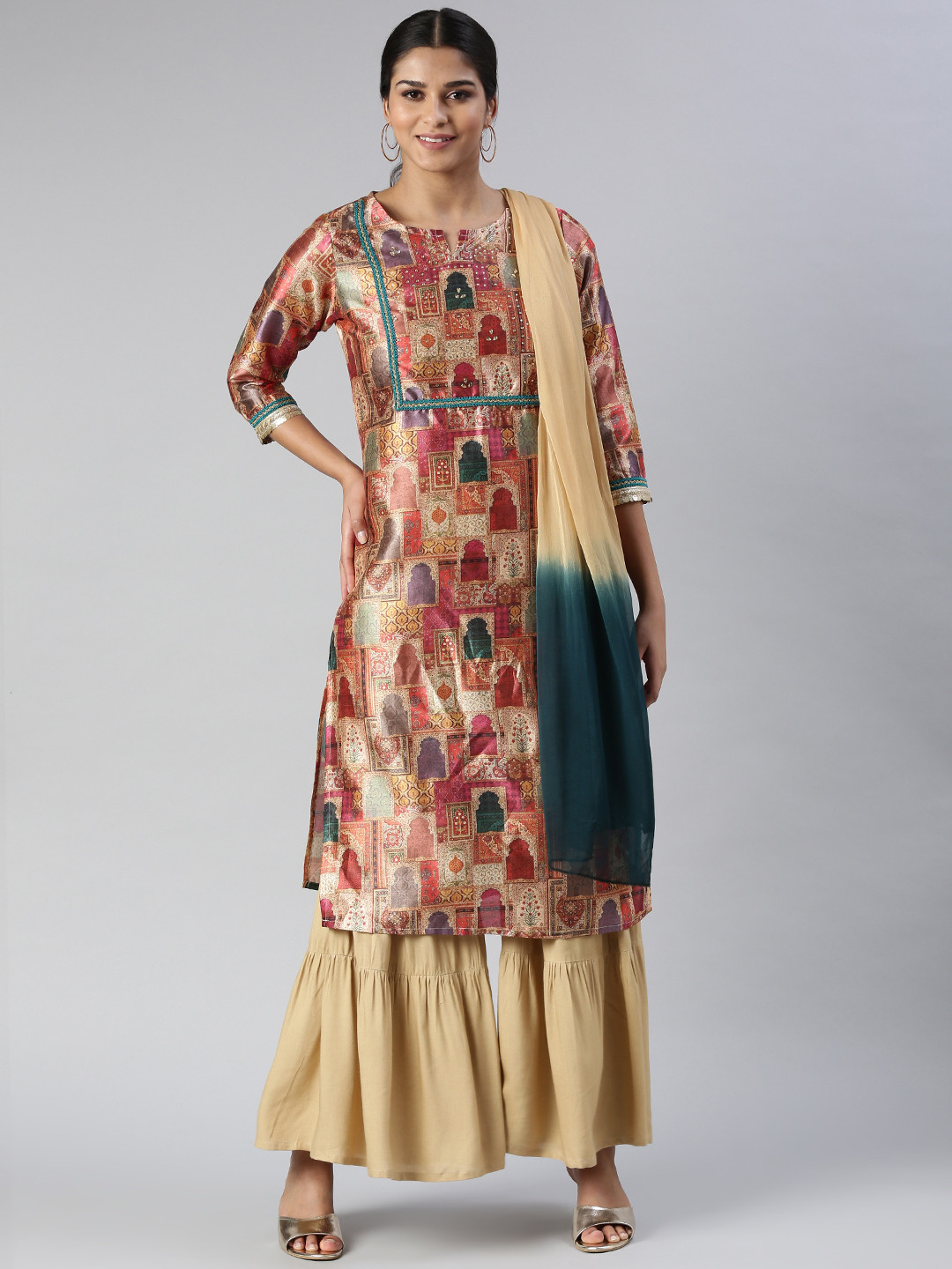JAIPUR PRIME Ethnic Motifs Yoke Design Regular Beads & Stones Kurta With Sharara & Dupatta